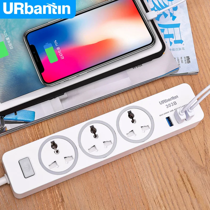 

Urbantin Wall Mounted USB Power Strip with 3 Ports 3 USB Extension Socket EU Plug AU/UK/ZA plug outlet tee extension cord socket