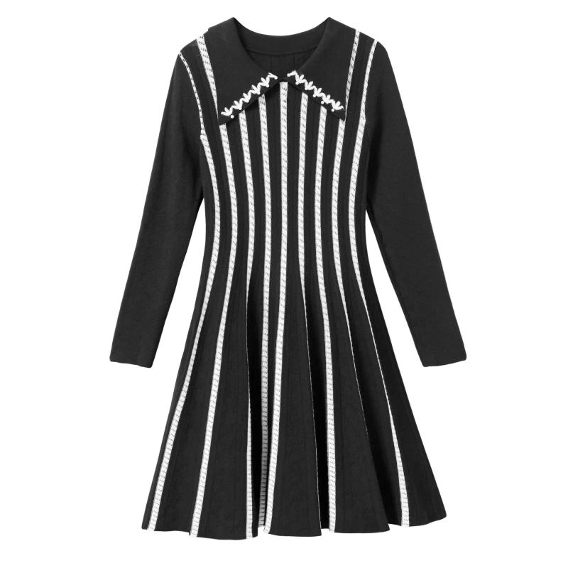 

Fall/Winter Women Thick Knited Dress Short Female Slim-Fit Lapel Point Collar Strips Above Knee Over Hip A-line Mini Dress