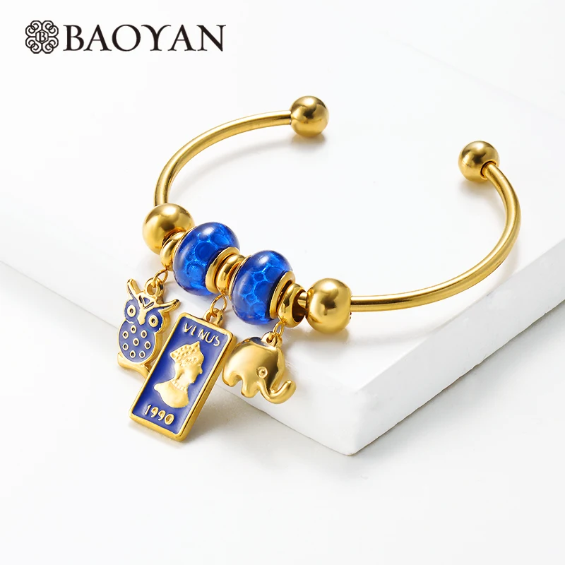 Baoyan, ручной работы, эмалированный браслет, позолота, нержавеющая сталь, открытые манжеты, браслеты, слон, сова, дерево, очаровательные браслеты для женщин