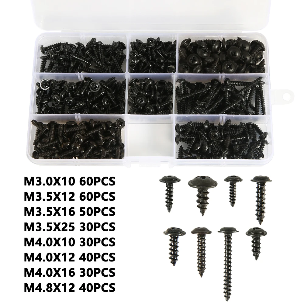 340 шт. саморезы с полукруглой головкой M3/M4/M3.5/M4.8 набор саморезов Ассортимент Комплект черная мебель углеродистая сталь - Цвет: black