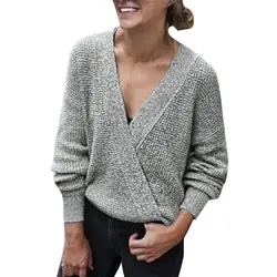 MIARHB v-образный вырез крест вязанный зимний свитер акриловый женский модный свитер с длинными рукавами Женский Осенний Повседневный серый