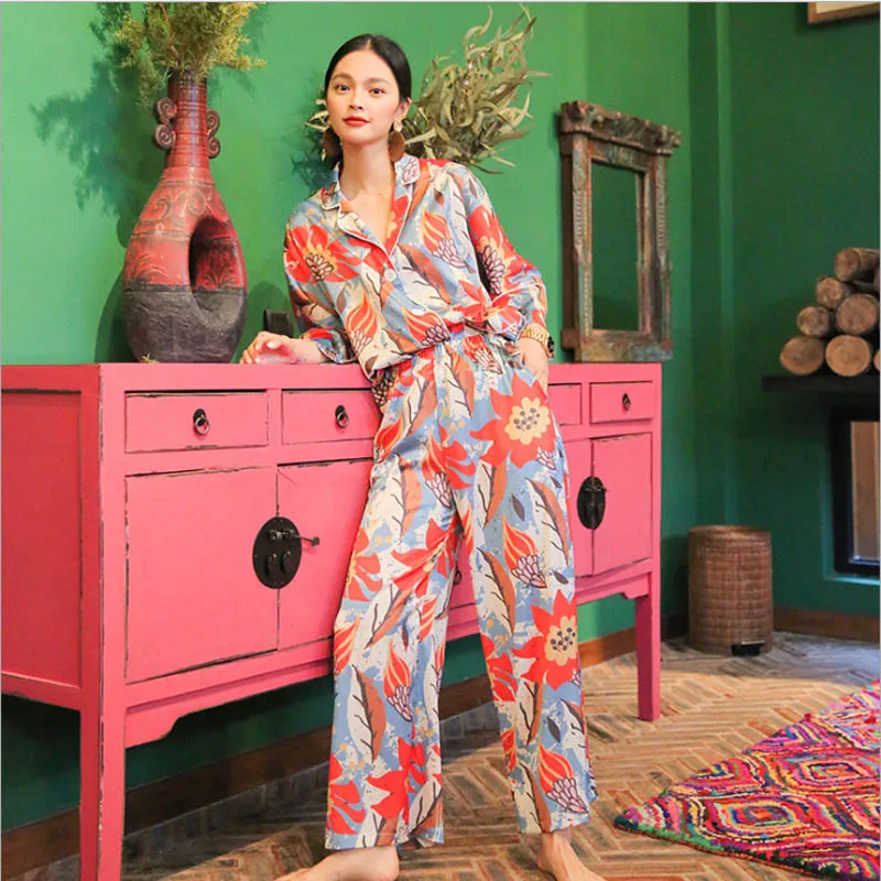 

pajamas women's autumn long sleeve trousers section ice silk two-piece can be worn outside home service sleepwear female suit