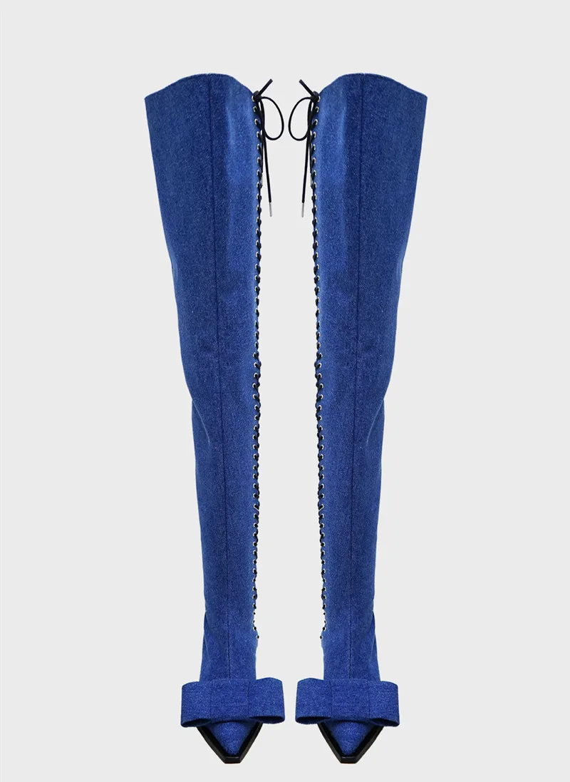 Botas Mujer/ г. Обувь для подиума женские сапоги до бедра на шнуровке с перекрестной шнуровкой Женские Сапоги выше колена с острым носком и бантом на не сужающемся книзу массивном каблуке - Цвет: Синий