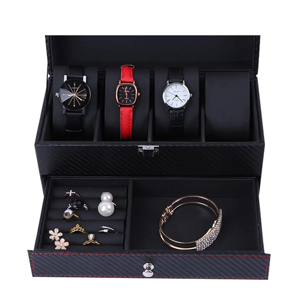 Carbon Fiber 2 layers 4-bit box with Drawer Watch Box Storage Watches Display Storage Box Case Jewelry Watch Collector Case