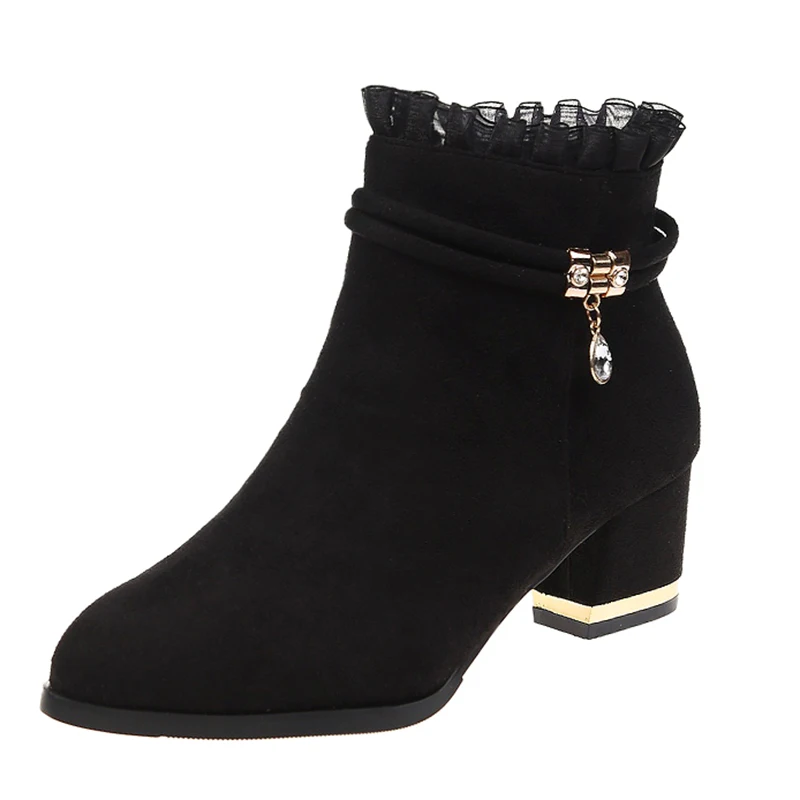 

Lucyever Fashion Crystal Pendant Short Boots for Women 2019 Autumn Lace Black Ankle Boots Female Elegant Wedding Shoes Woman
