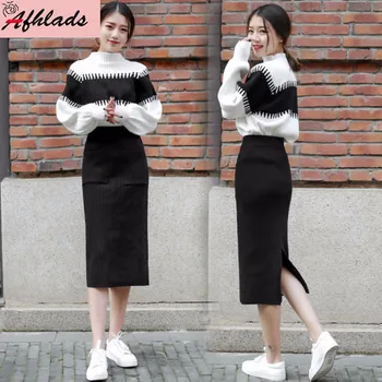 

Autumn And Winter New Fashion Slim 2 Set Pullover Knitted Turtleneck Stitching Sweater Tops + Split Bodycon Skirt Two-Piece Sets