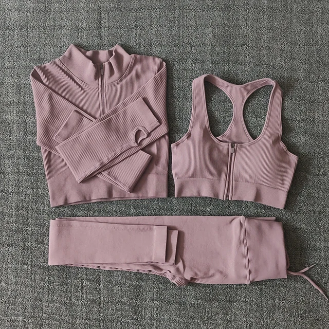 Seamless Women Yoga Set Workout Sportswear Gym Clothing Zipper Long Sleeve High Waist Leggings Fitness Bra Athletic Sports Suits 3PCSPink