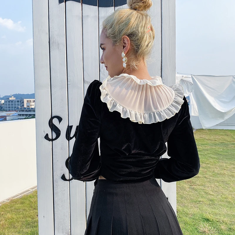 Rapwriter Elegant Runched Patchwork Mesh Lace-up Velvet T-Shirts Women Autumn Streetwear Long Sleeve Fitted Waist Tee Shirt