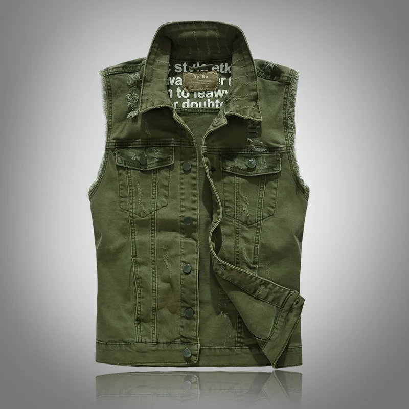

New vests 2019 Slim Fit Cowboy Male Jacket Vest Ripped Denim Vest Men's Jacket Sleeveless Casual Waistcoat Mens Jean Coat Green