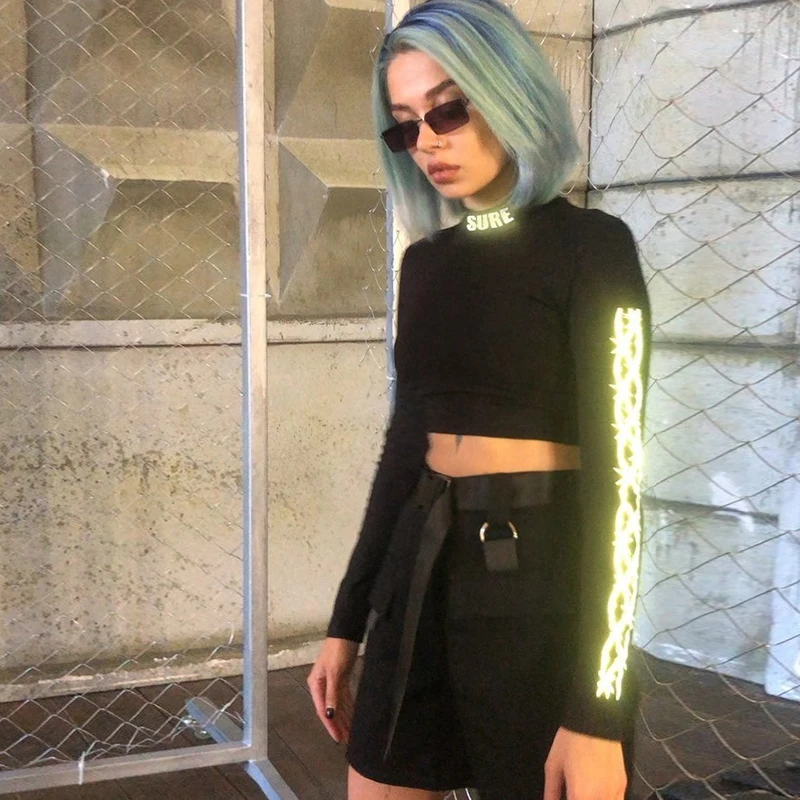 IAMHOTTY, светоотражающая футболка с длинным рукавом, женская мода, уличная одежда, однотонная водолазка, футболка, женская, Готическая, короткая, новинка, футболка