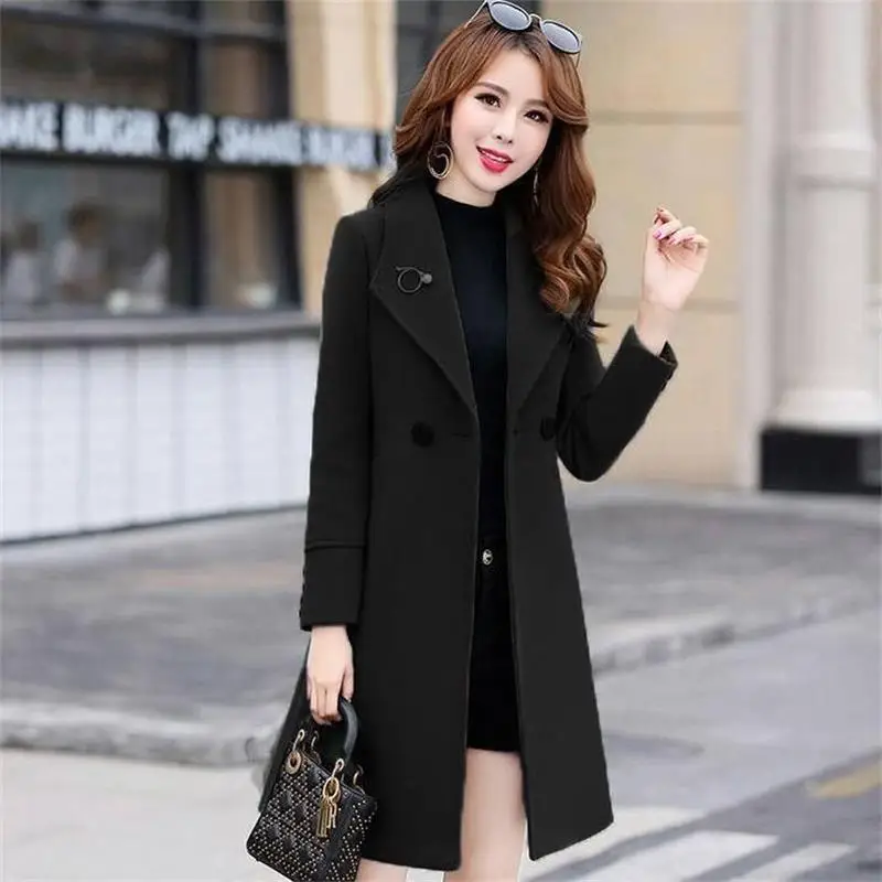 Зимние женские куртки и пальто, женское длинное пальто с поясом, шерстяное пальто с отложным воротником, однотонные парки с карманами - Цвет: short black