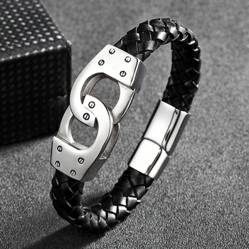 Pulsera con esposas de acero inoxidable pulsera para hombre hecha a mano trenzada, pulsera de cuero genuino negro, joyería erkek bileklik