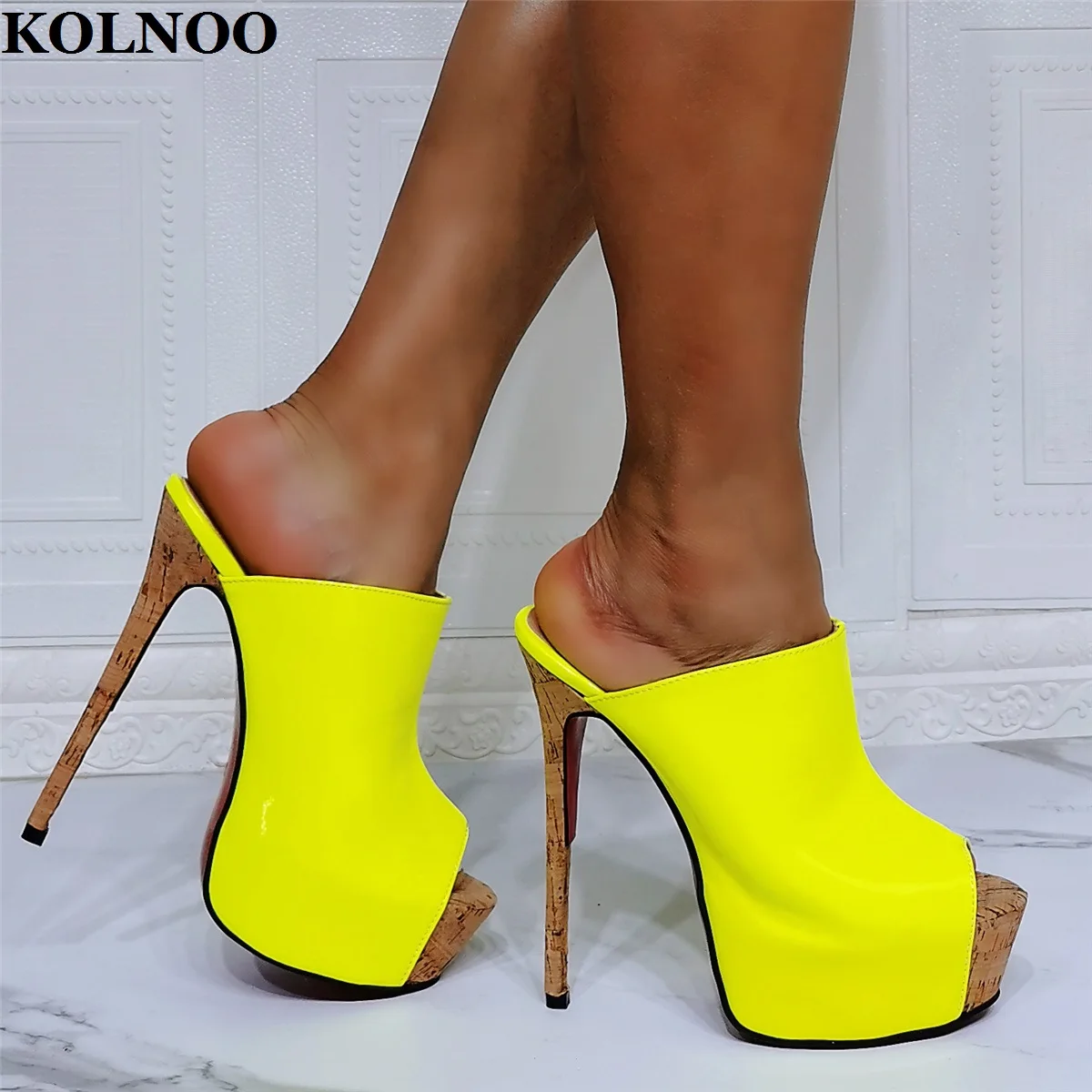 

Kolnoo Handmade New Style Ladies High Heel Slippers Patent Leather Peep-Toe Easy Wear Sexy Platform Real Photos Fashion Sandals