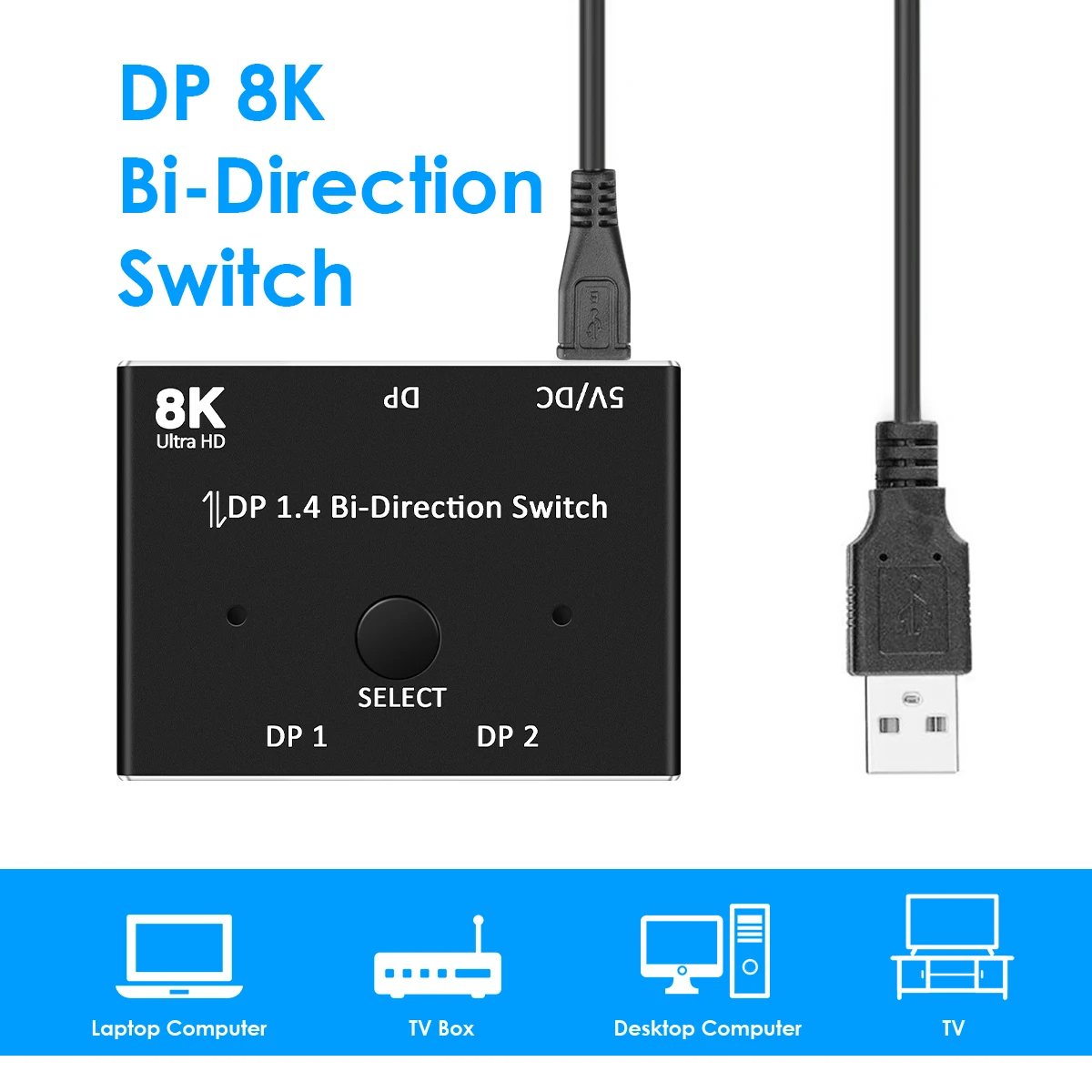 

144Hz 1.4 Bi-direction Splitter Switcher Displayport 2X1 1X2 8K@30Hz,4K@120Hz Dual Mode Switch at Will Wide Compatibility