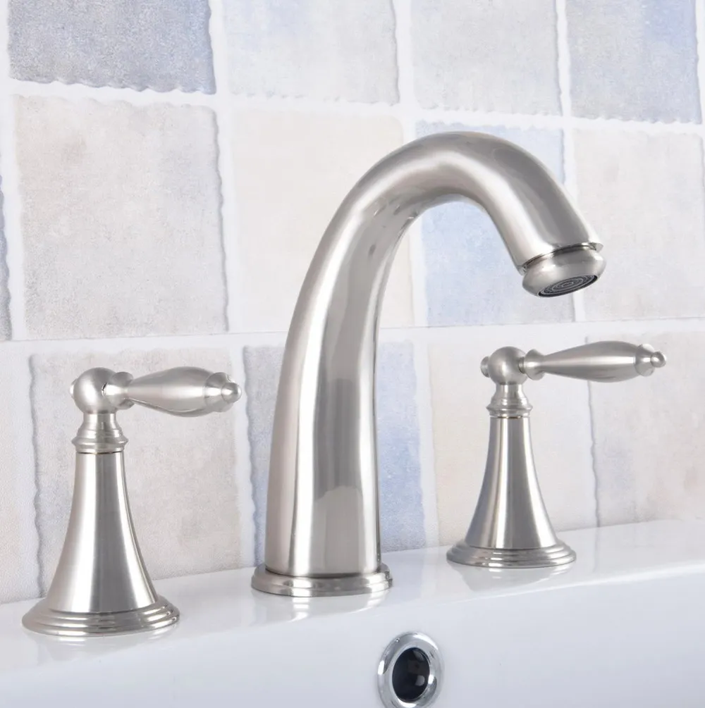 Widespread Brushed Nickel Bathroom Sink Faucet Dual Handles 3 Holes Lavatory Tap 