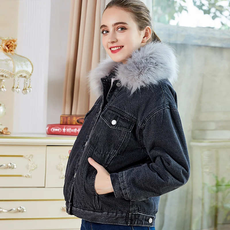 LEIJIJEANS, новинка, большой размер, плюс бархат, джинсовая одежда, модный большой меховой воротник, четыре цвета, классика, плюс бархат, женская джинсовая куртка - Цвет: Dark gray 9222R