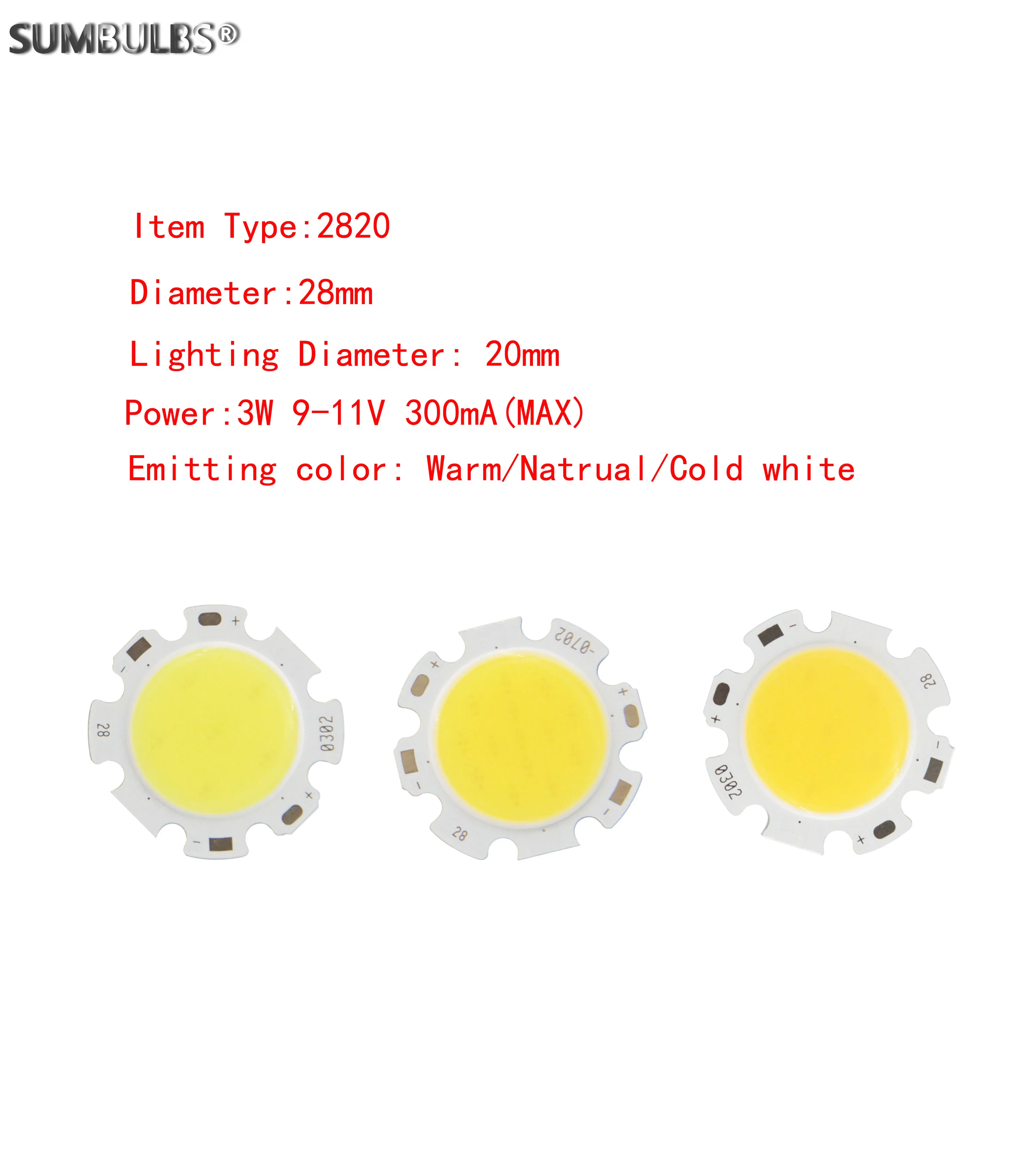 

10PCS/Lot SUMBULBS 2820 3W 9V 300mA Round COB LED Light Source 28mm Circular Warm Natural Cold White LED for Spotlight