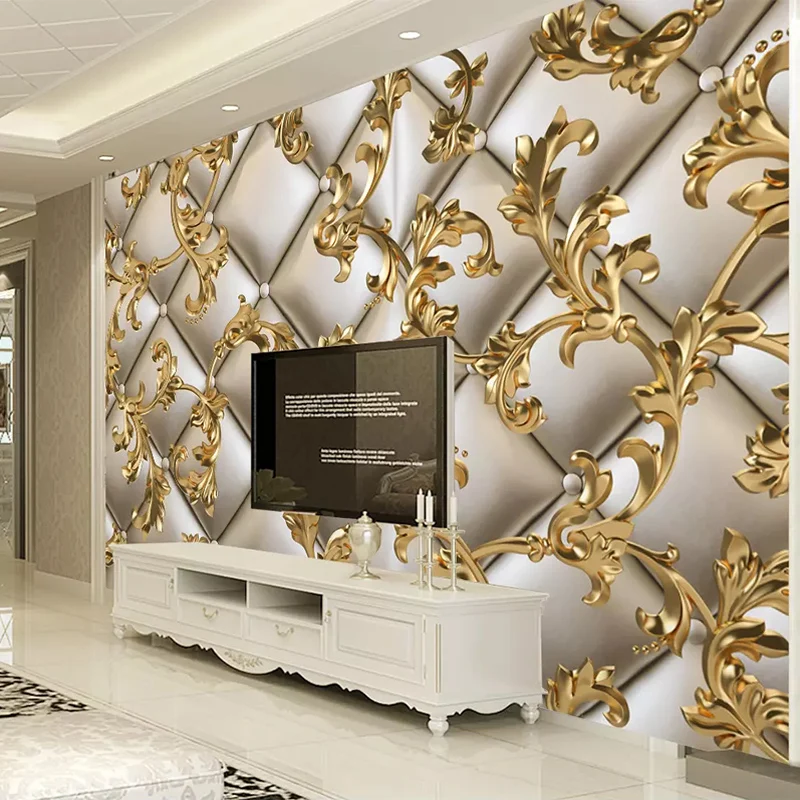 

Drop Shipping Custom Mural Wallpaper 3D Soft Package Golden Pattern European Style Background Wall Papers Home Decor Flower