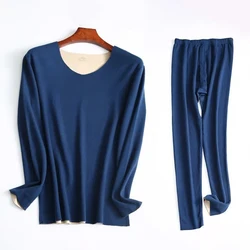 Men's Fleece Thermal Underwear Set Winter Long Johns Pajamas Heated Thermo Warm Suit Seamless Fleece Thick Pants V Neck Blue