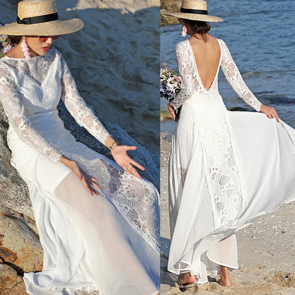 Abiti Da Sposa Con Scollo A Barchetta In Pizzo Boho Una Linea Manica Lunga Su Misura Plus Size Chiffon Backless Hippie Elopement Beach Abito Da Sposa