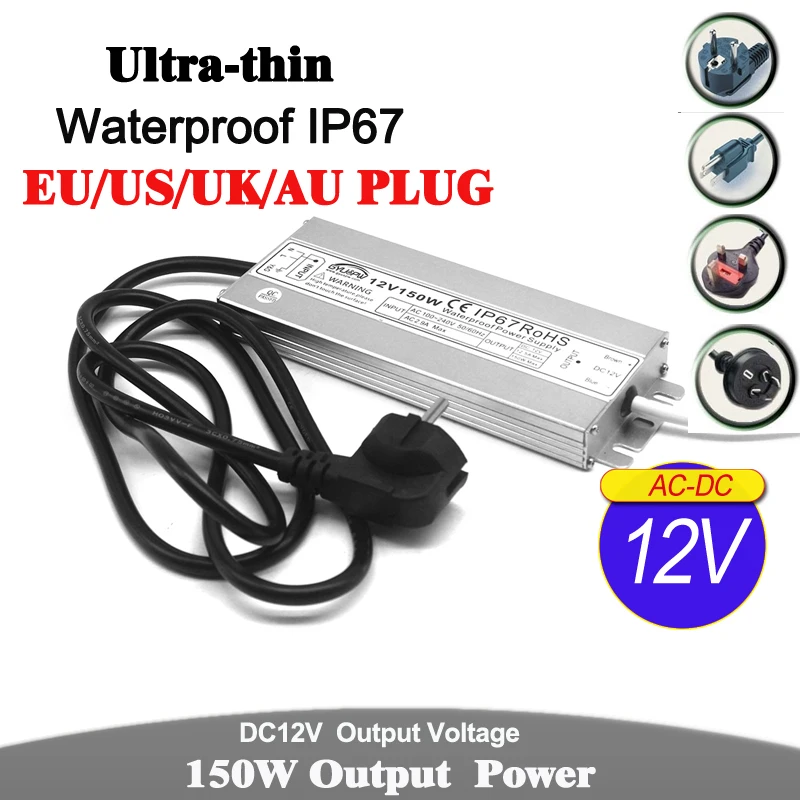 Водонепроницаемый IP67 источник питания DC12V DC24V 60 Вт 72 Вт 100 Вт 120 Вт 150 Вт трансформатор AC-DC 12 В 24 В внешний адаптер питания AU US EU UK вилка