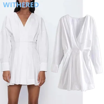 

Withered 2020 england simple white v-neck vintage loose summer mini dress women vestidos vestidos de fiesta de noche party dress