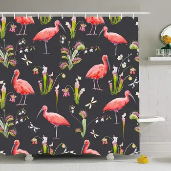 

Shower Curtain Set with Hooks 66x72 Watercolor Design Drawing Trap Dragonfly Pattern Scarlet Ibis Venus Fly Nature Textures with