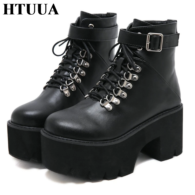 

HTUUA Fashion Rivet Lace-Up Platform Boots Women Black White Square Heel Short Ankle Boots Autumn Winter Motorcycle Shoes SX3317