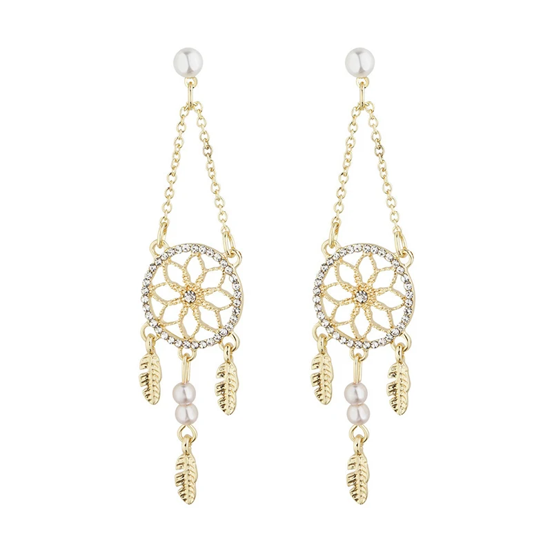 Fancy Hollow Dream Catcher Leaf Feather Shiny Crystals Drop Dangle Earrings For Women Party Jewelry Korean Hanging CZ Earrings