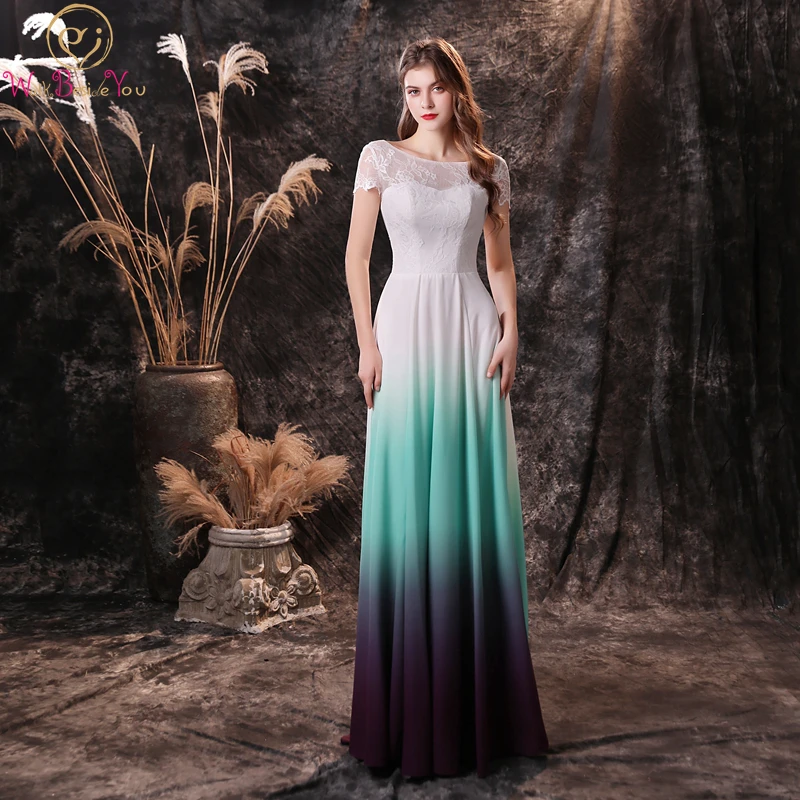 

Prom Dresses Long White-green-purple Contrast Color Chiffon Short Sleeve Lace Elegant A Line Sweep Train 2020 Women Evening Gown