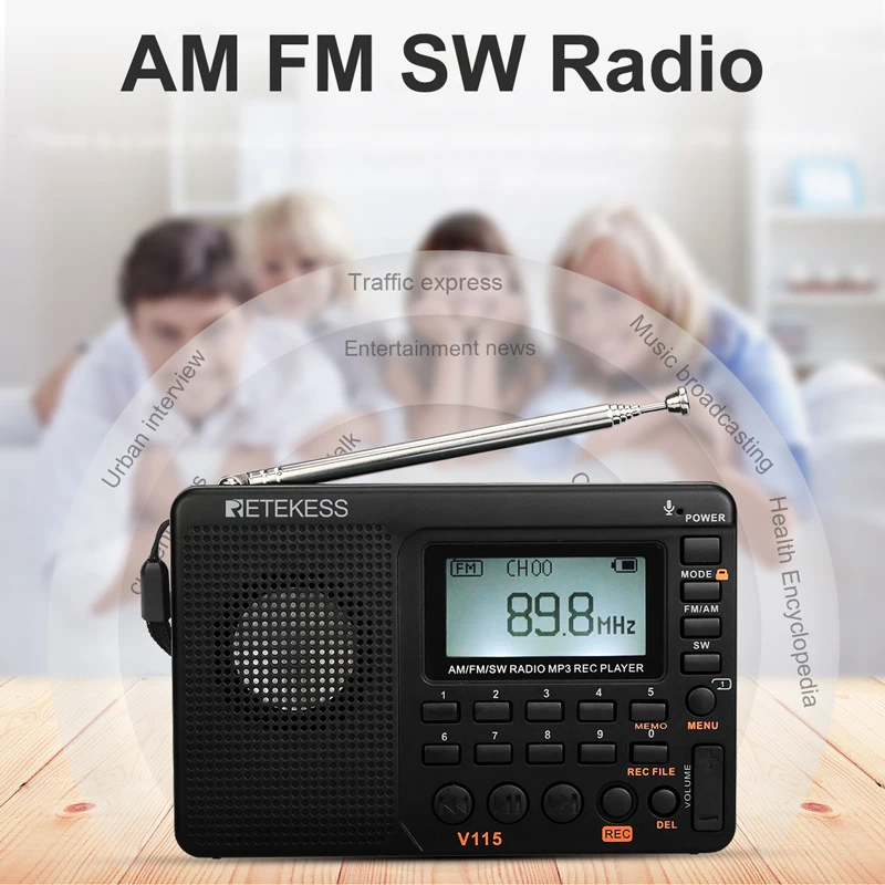 Retekess V-115 Tragbar AM FM Radio mit Schlaf Timer REC Bass Sound MP3 Player TF 
