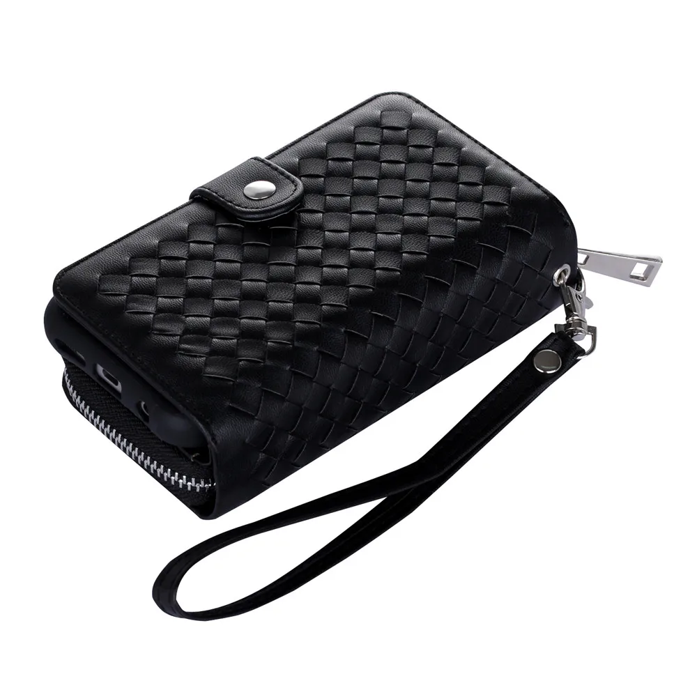 

Fashion Weave Wallets Phone Pouch for Samsung S4 S5 S6 S7 Note4 Note5 iPhone 5 5S SE X XS Zipper Lanyard Purse with Back Cover