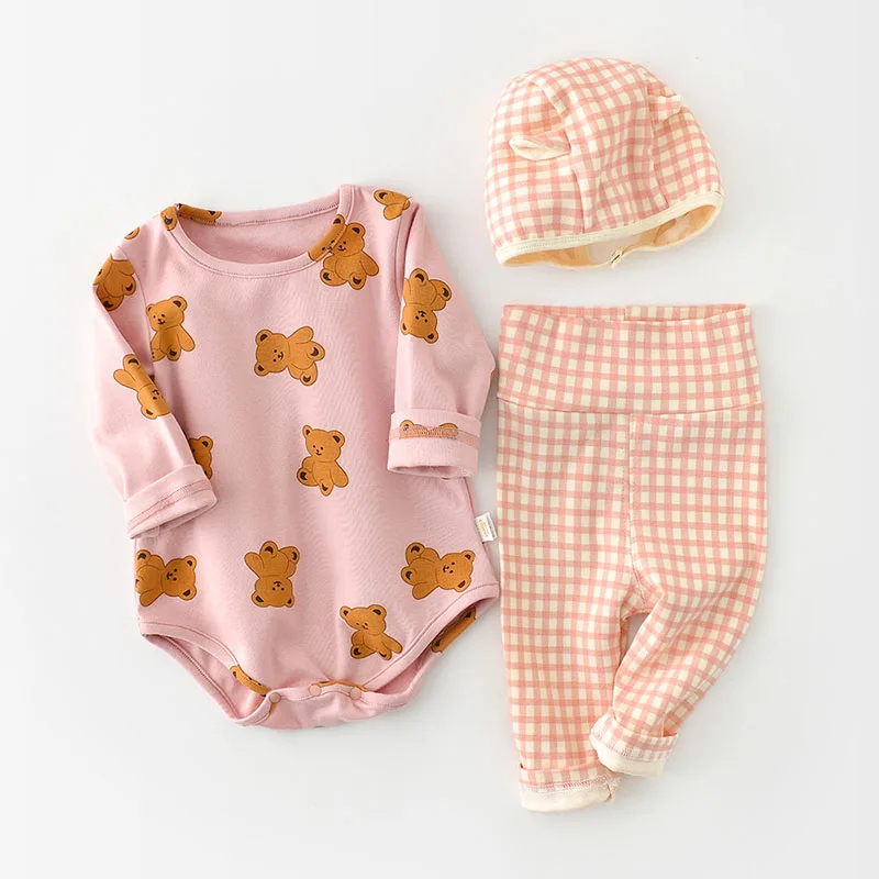 new baby clothing set	 MILANCEL 2022 Spring New Baby Clothing Set  Bear Bodysuits And Plaid Pants Bear Hat 3 Pcs Infant Girls Suits new baby clothing set	 Baby Clothing Set