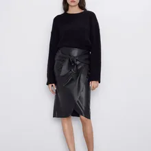 ZA/Женская юбка из искусственной кожи с украшением в виде банта; Новинка года; модная осенне-зимняя пикантная Однотонная юбка для отдыха; элегантные женские облегающие вечерние юбки