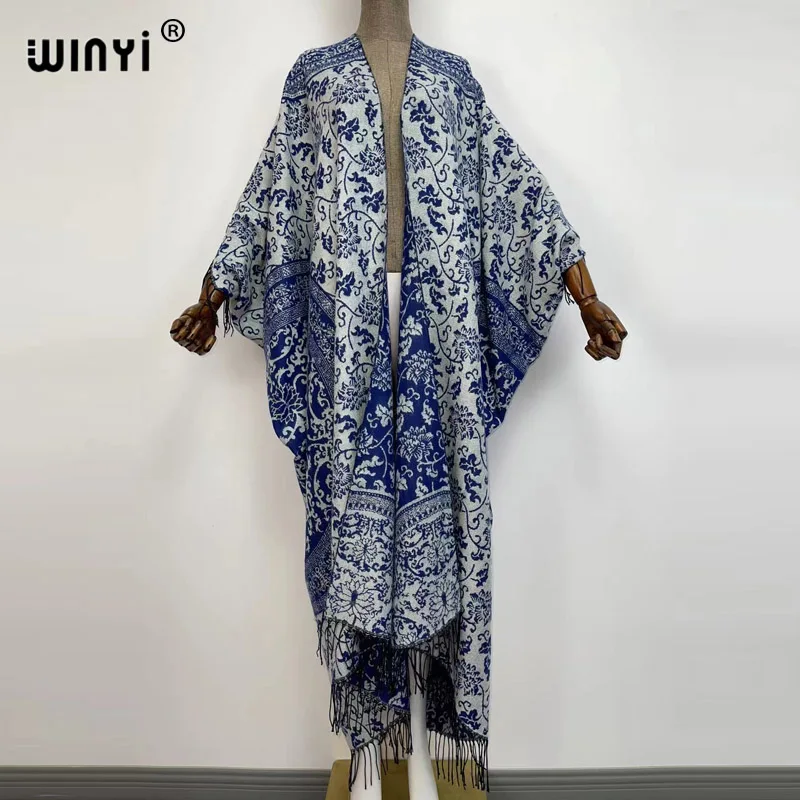 WINYI Winter Women tassel Pashmina Kaftan Long Coat Loose Lapel Long Cardigan Outing New Warm Casual Plush Streetwear kimono 2022 warm winter thicken cashmere scarf women national wind embroidery pashmina shawls ladies soft long blanket scarves tassel