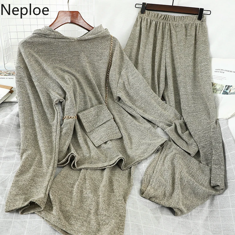 Neploe Women Two Piece Outfits Hooded Pullover Long Sleeve Solid Top+ Casual Stretch Waist Wide Leg Pants Fashion Suits 80850 | Женская