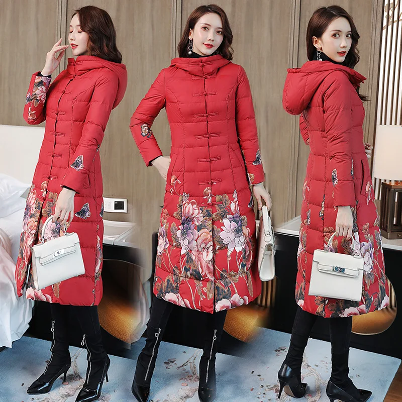 

2019 Winter New Style Fashion Frog Chinese-style Cotton Overcoat Women's Ethnic-Style over-the-Knee Mid-length down Jacket Cotto