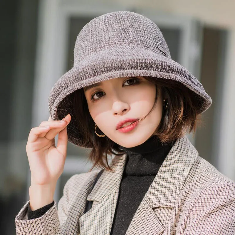 Bucket Hat Cover New Design For Women Solid Chenille Solid color Outdoor Autumn Winter For Ladies Fisherman Hat For Female