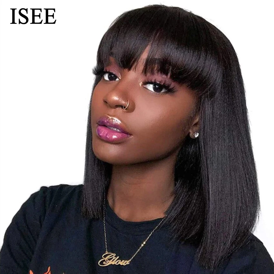 Photo Product ISEE HAIR Machine Made Sew In Short Bob Wig With Bangs Human Hair Wigs  Brazilian Straight Wig with Bang For Women Glueless Wigs