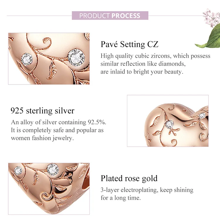 WOSTU 925 Sterling Silver Flower Retro Patterns Heart Beads Rose Gold Charm Fit Original Bracelet Pendant DIY Jewelry BKC1323-C