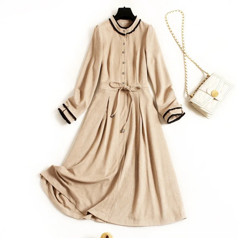 

New 2020 spring Women corduroy dress plus size long sleeve button front a-line elegant shirtdresses green khaki