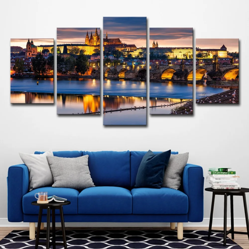 Wall-Art-Pictures-For-Living-Room-Home-Decor-HD-Prints-Canvas-5-Pieces-Prague-Bridge-Painting