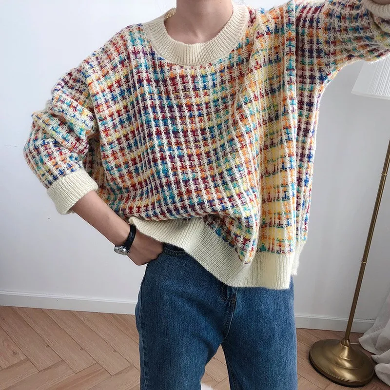 Nice Women Autumn Loose Long Sleeve Sweater Plaid Korean Knitted Pullovers Casual O-Neck Sweater Pu
