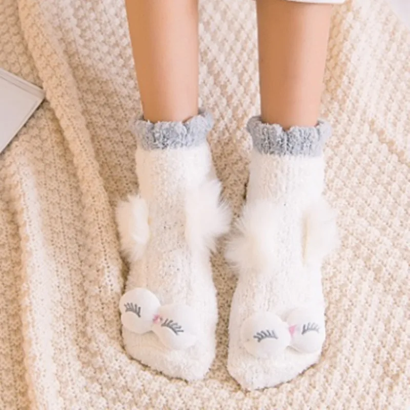 1 пара теплых мягких пушистых зимних носков с милыми мультяшными животными для женщин и девушек удобные бархатные носки-тапочки кораллового цвета для отдыха зима QDD9856