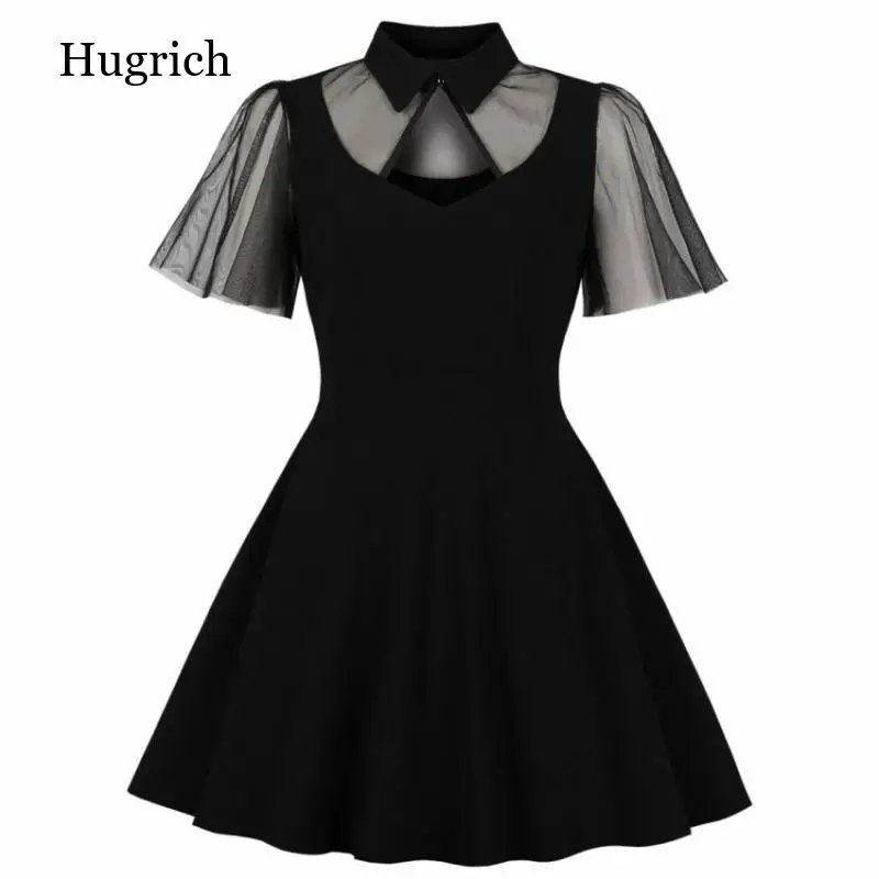 

Women Summer Casual Vintage Dress Black Gothic Lace See Through Stylish Mesh Sleeve Hollow Sexy Goth Party Elegant Swing Dresses