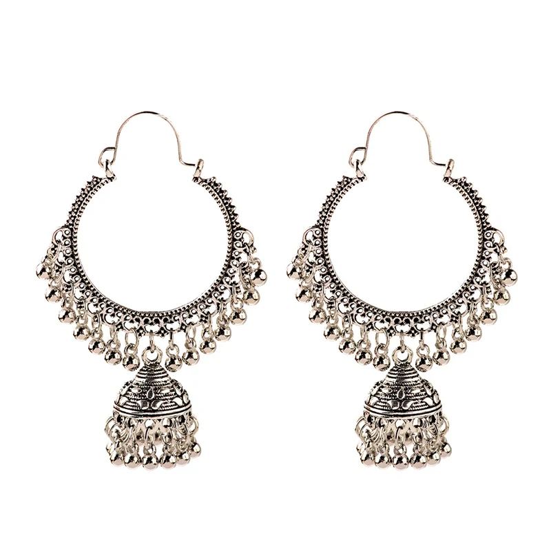 OIQUEI, индийская Jhumka, ювелирное изделие,, модные жемчужные кисточки, богемные, винтажные, серебряные, большие, круглые колокольчики, висячие серьги для женщин - Окраска металла: HXE120-2