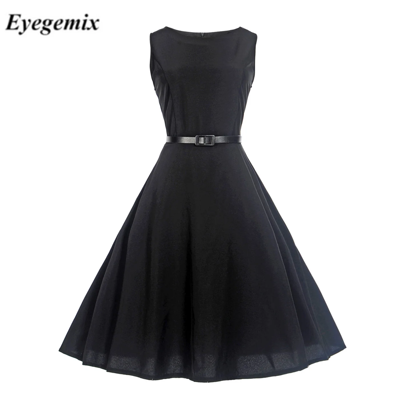 

Black Fit And Flare Solid Dress Elegant Sleeveless Plain A Line Dresses Women Summer Autumn Zipper Vintage Party Midi Vestidos