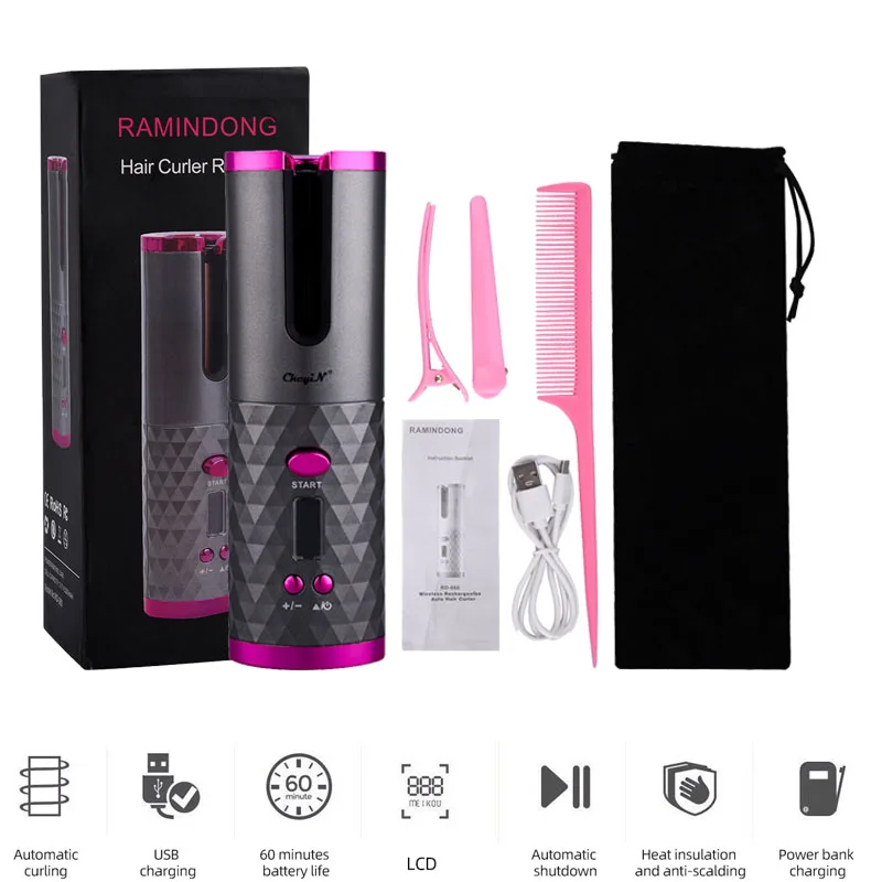 Cordless Automatic Hair Curler Usb Rechargeable Auto Rotating Curling Iron Led Display Curls Roller Wave Waves Hair Styling Tool