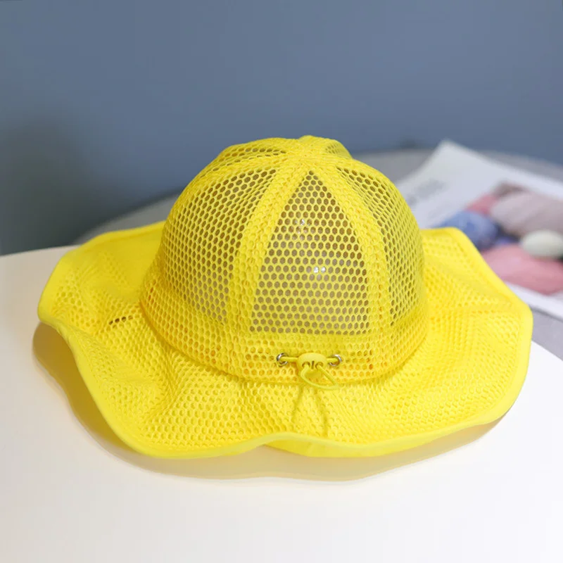 New Children Sunscreen With Net Bucket Hat Girl Solid Color Breathable Sun Hat Summer Boy Outdoor Adjustable Fisherman Hat shake baby's hand Baby Accessories