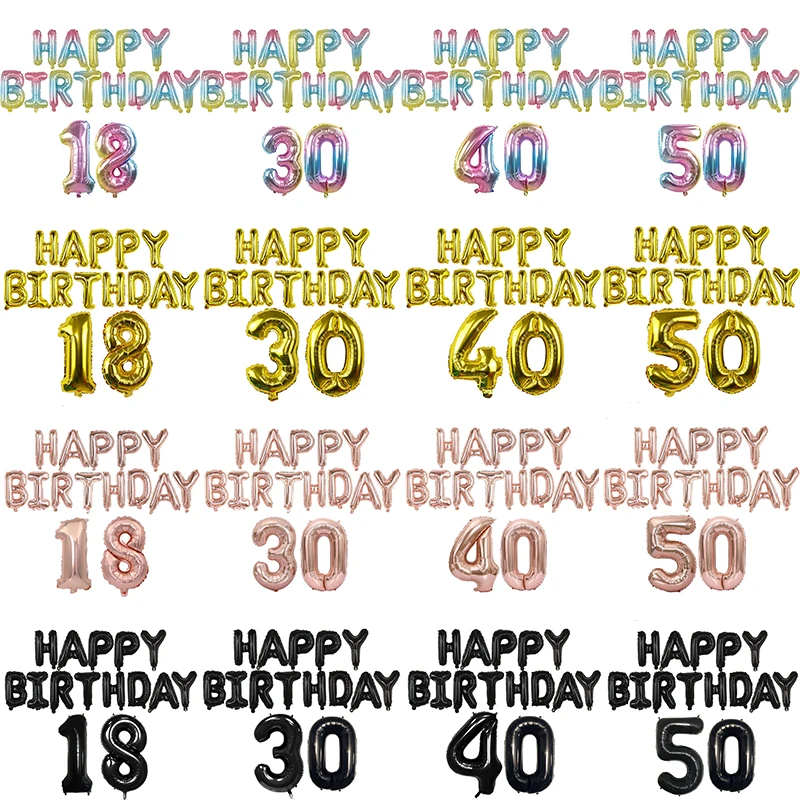 15pcs/set 16inch Letter Happy Birthday Foil Balloon 32inch Number Balloons for Adult Birthday Party Decorations Digital Globos